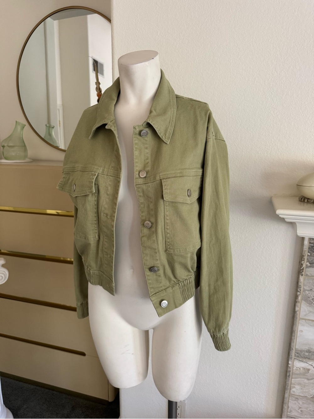 Skies Are Blue Olive Green Cropped Utility Jean Jacket